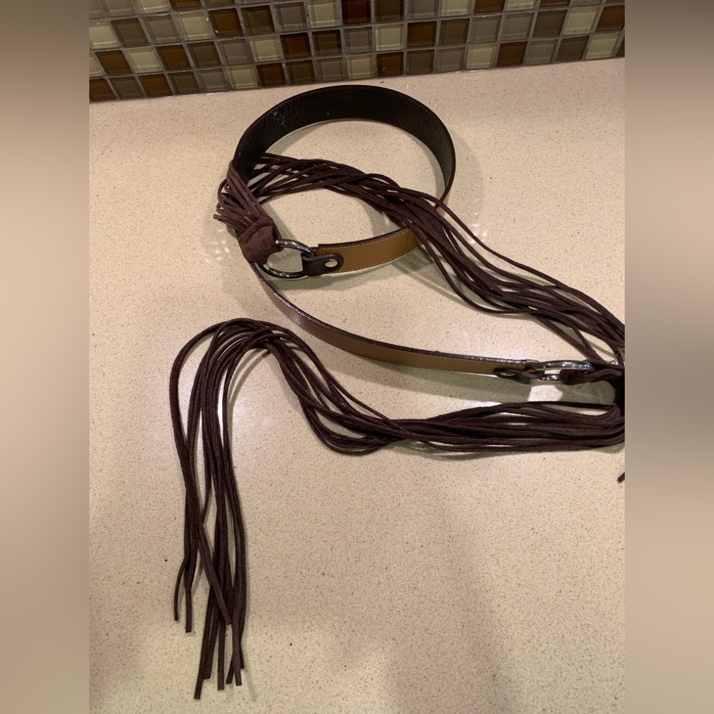 LES CREATIONS ELITE Brown Fringe Leather Belt